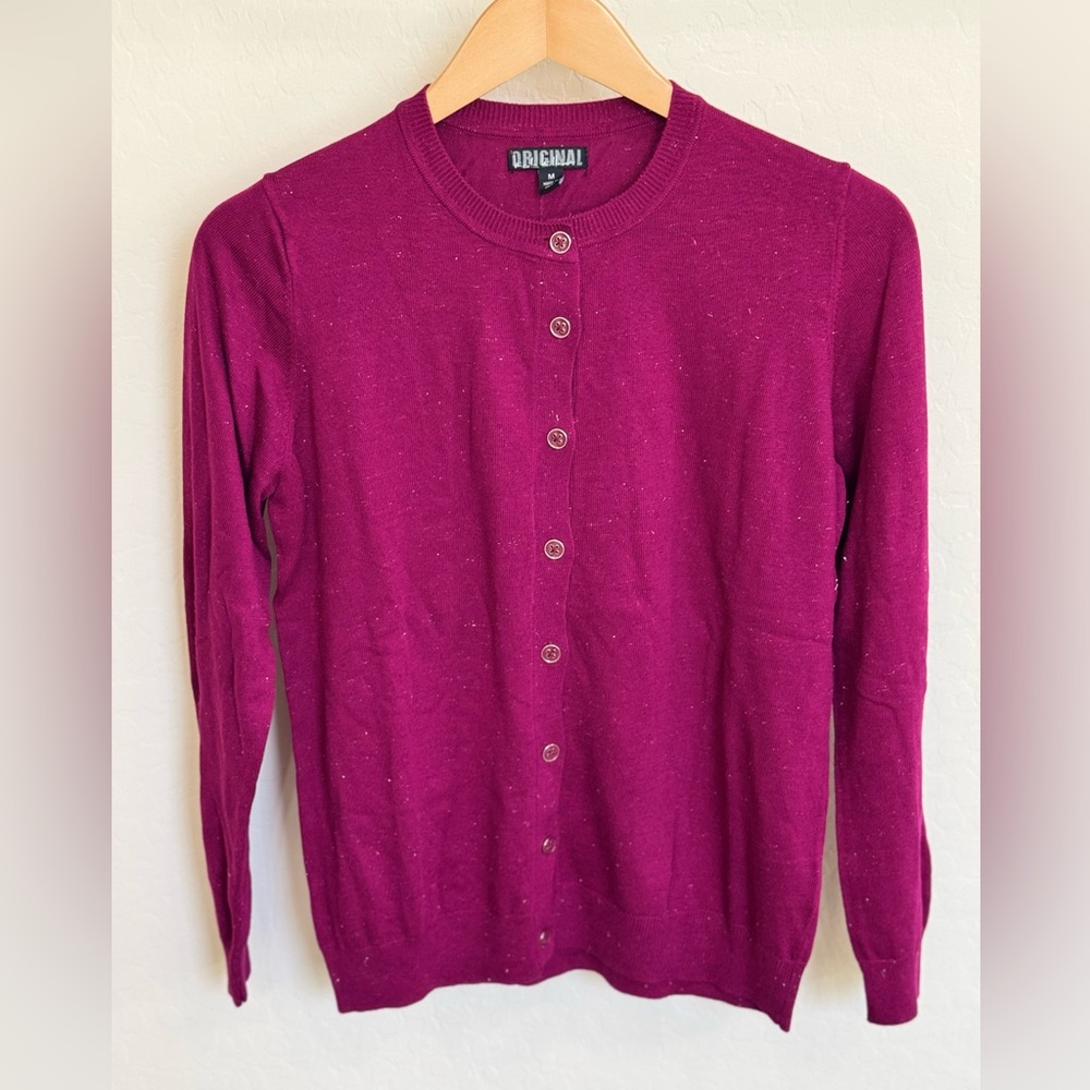 Nicole Miller Original Shimmer Crewneck Button-Front Cardigan in Deep Berry